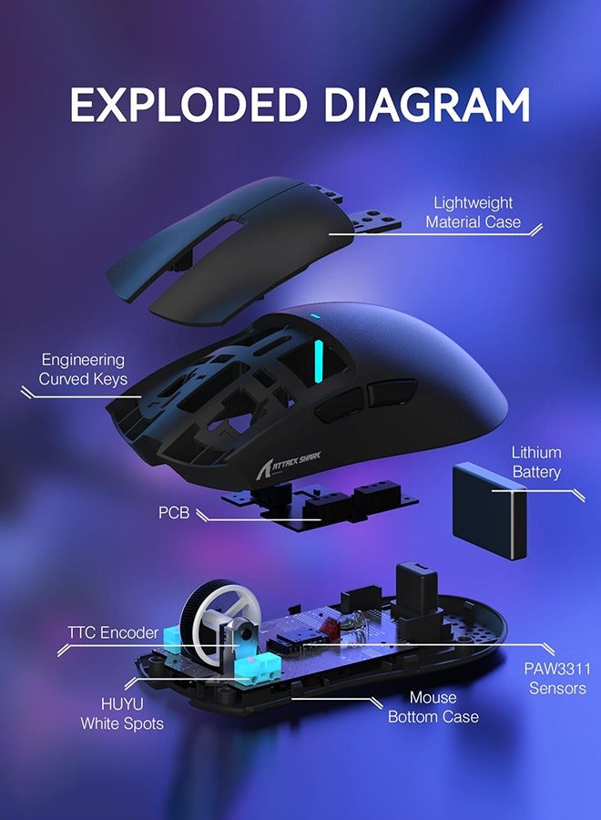 Attack Shark X11 Lightweight Wireless Gaming Mouse with RGB Charging Dock,Tri-Mode-2.4G/USB-C Wired/BT,22K DPI,PAW3311 Optical Sensor,HUYU Switch,5 programmable Buttons for PC/Mac(Black) - Image 3